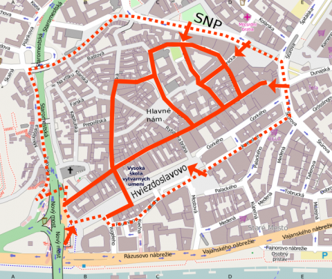 Pešia zóna na bicykli - mapa (Bratislava - Staré mesto)