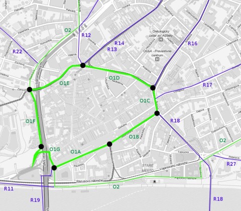 Navrhovaný 1. okruh s jednotlivými úsekmi. Podkladová mapa © OpenStreetMap contributors. Tiles courtesy of MapQuest