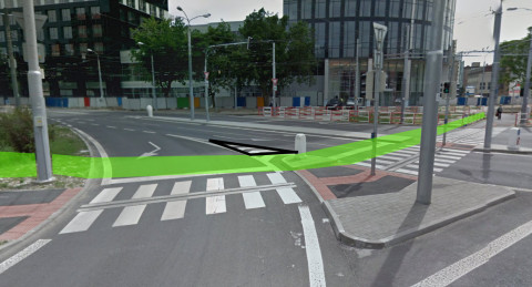 Cyklopriechod Miletičova na prístup bicyklom k OC Centrál. Podkladová fotografia z Google StreetView.