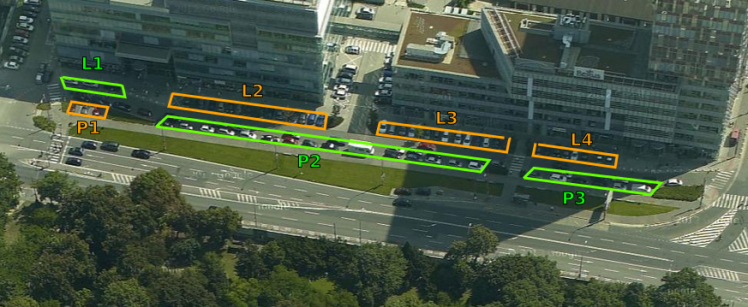 Návrh na reorganizáciu parkovania pred CBC. Oranžová: existujúce kolmé parkovanie, zelená: navrhovaná  zmena pozdĺžneho parkovania na šikmé