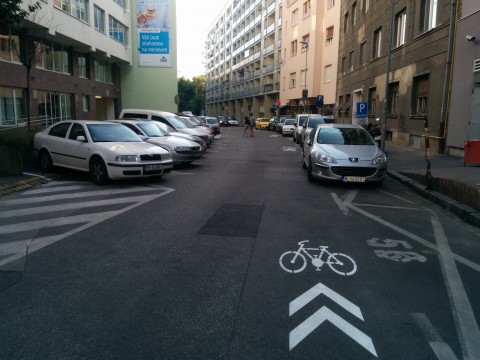 Cyklisti musia dávať pozor na spolujazdcov, ktorý vystupujú smerom do vozovky, autá by mali parkovať vo vyznačených boxoch, nie ako strieborný Peugeot na fotografii.
