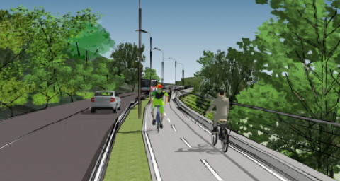 Vizualizácia cyklotrasy na Devínskej ceste podľa štúdie Dopravoprojektu.