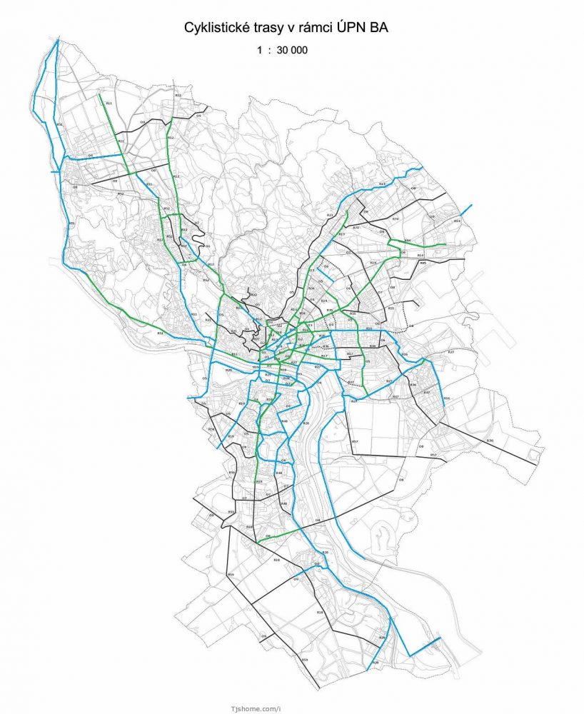 Vízia CykloBratislava2018 - modré sú existujúce cyklotrasy, zelené by ste mali vybudovať do konca roku 2018 a čierne až po roku 2018