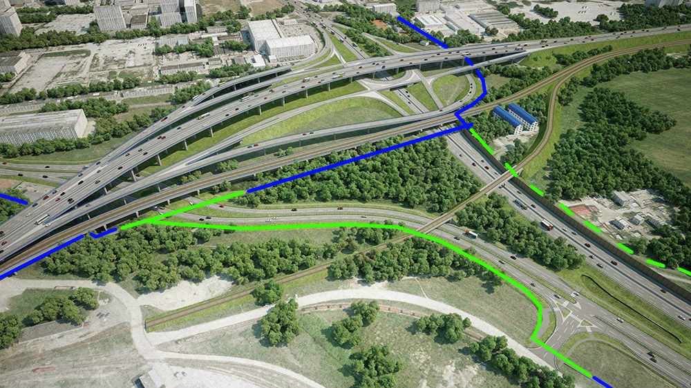 Vizualizácia: Prístavná most križuje rýchlostnú cestu R7. Na obrázku sú vidieť podjazdy pre cyklistov pod predĺženou Prístavnou ulicou, ako aj preložka cyklotrasy od Prístavného mosta smerom na Vrakuňu (modré - existujúce, zelené - nové cyklotrasy)