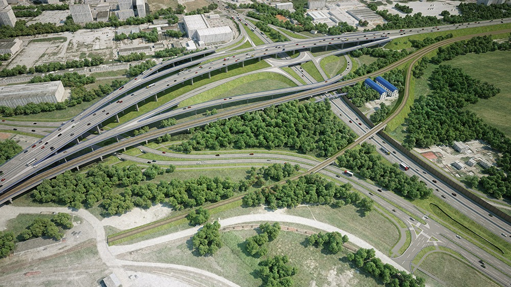 Vizualizácia: Prístavná most križuje rýchlostnú cestu R7. Na obrázku sú vidieť podjazdy pre cyklistov pod predĺženou Prístavnou ulicou, ako aj preložka cyklotrasy od Prístavného mosta smerom na Vrakuňu