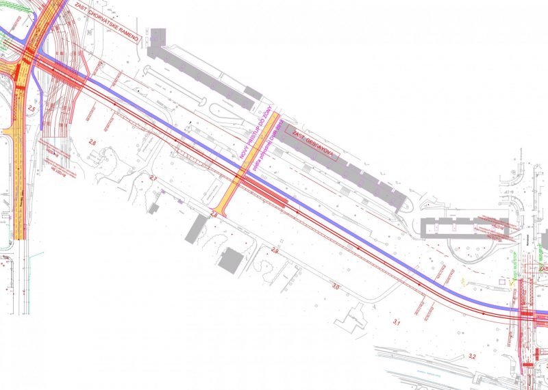 Zdroj: Dokumentácia zisťovacieho konania EIA (ekojet, s. r. o.) Pozn.: červená = nová električková trať, žlté = nové cesty, modré = cyklotrasy