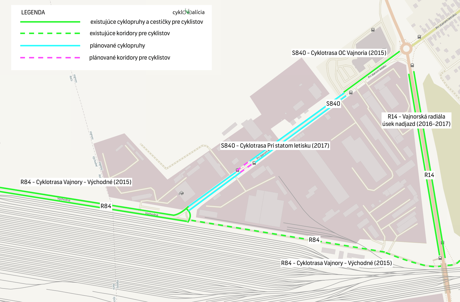 Mapa cyklotrás v okolí starého vajnorského letiska